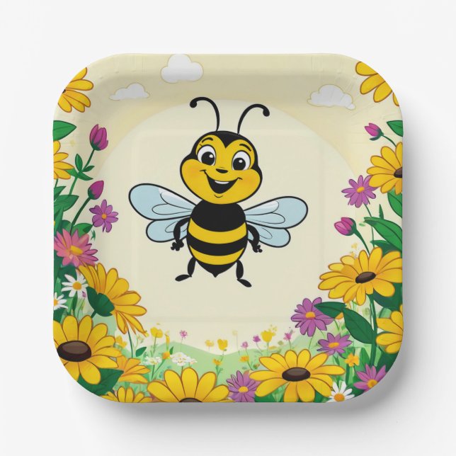Happy Bee In Colourful  Flowers  Paper Plate (Front)
