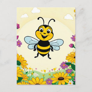 Happy Bee In Colourful  Flowers  Postcard