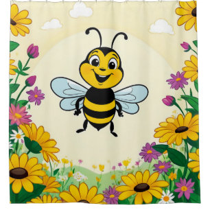 Happy Bee In Colourful Flowers Shower Curtain