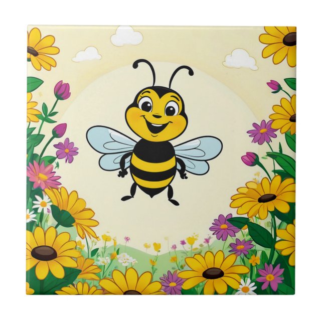 Happy Bee In Colourful  Flowers  Tile (Front)