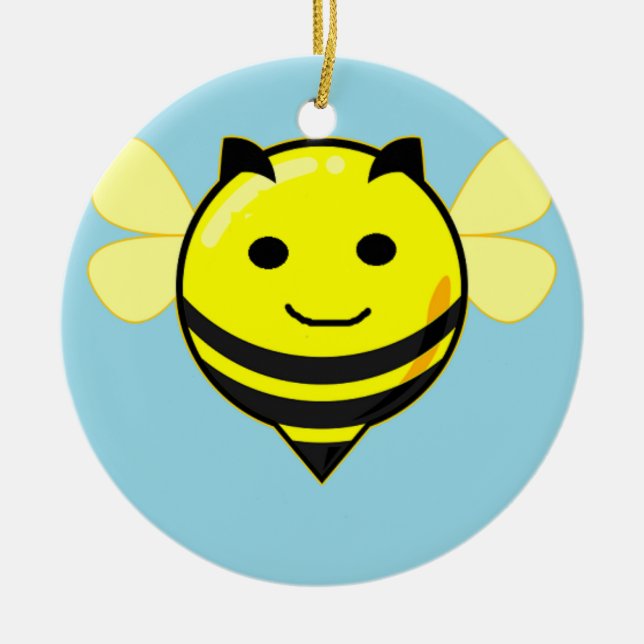 Happy bee on blue ceramic tree decoration (Front)