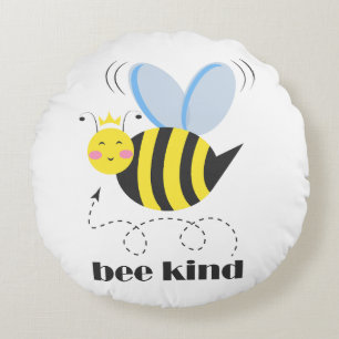 Happy bee princess with crown and slogan Bee Kind Round Cushion