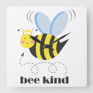 Happy bee princess with crown and slogan Bee Kind Square Wall Clock