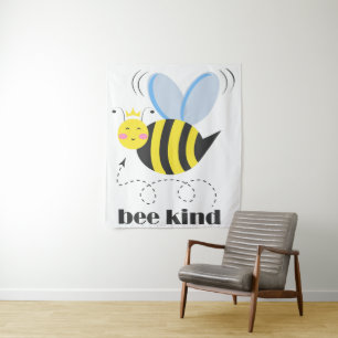 Happy bee princess with crown and slogan Bee Kind Tapestry