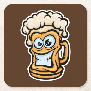 Happy Beer Mug, Funny Illustration Square Paper Coaster