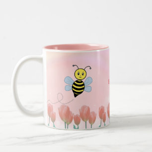 Happy Bees and Pink Tulips Two-Tone Coffee Mug