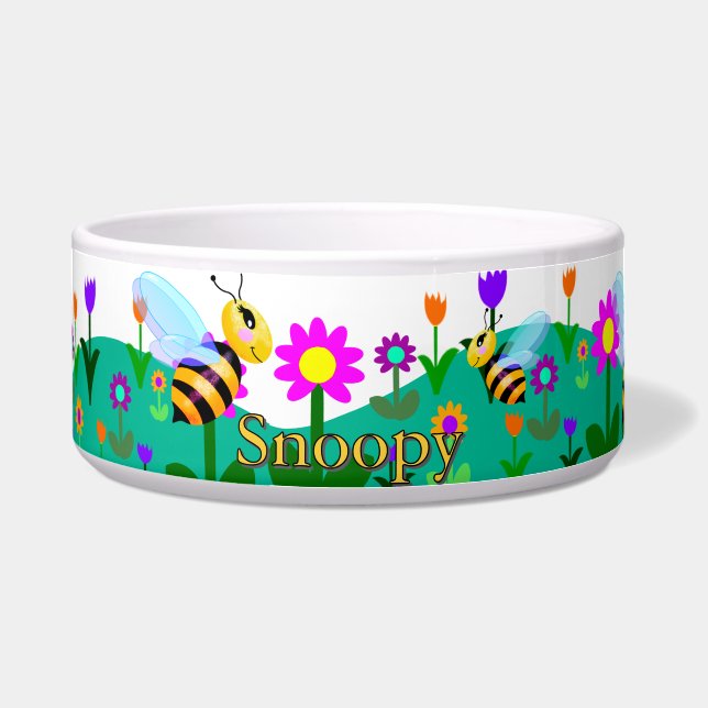 Happy bees in the flowers Ceramic Pet Bowl (Front)
