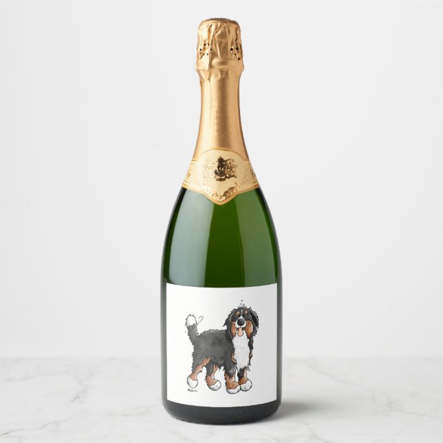 Happy Bernese Mountain Dog - Comic - Dogs - Cartoo Sparkling Wine Label (Front)