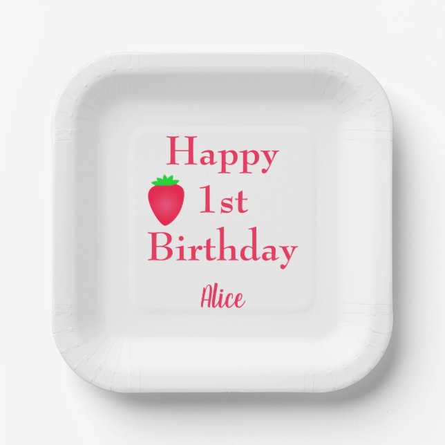 Happy Berry First Strawberry 1st Birthday 2024 Paper Plate (Front)