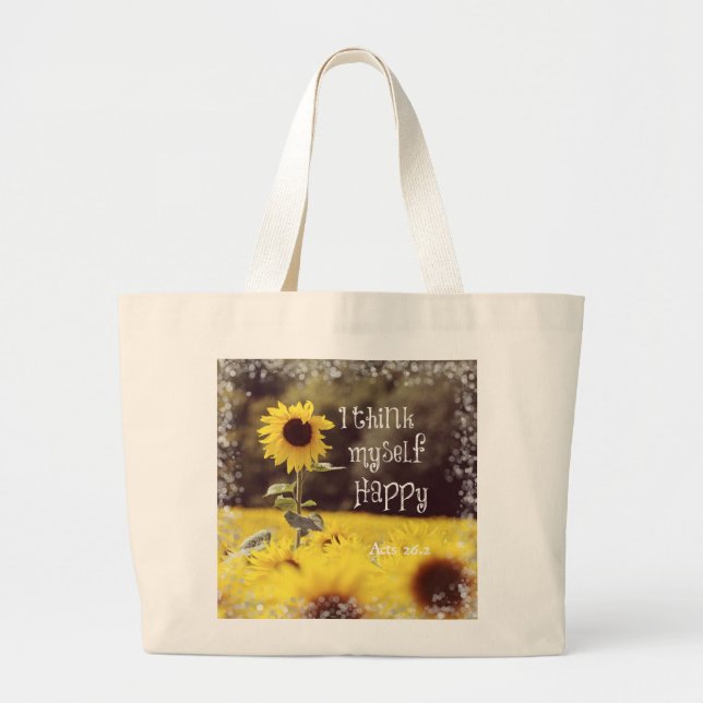 Happy Bible Verse with Sunflowers Large Tote Bag (Front)