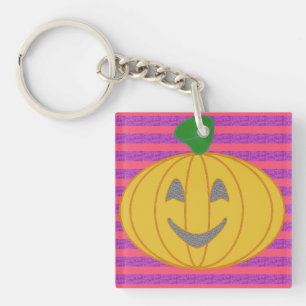 Happy Big Modern Orange Pumpkin Halloween Key Ring