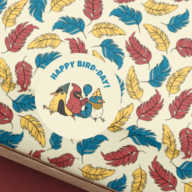 Happy Bird Day Cartoon Birds Themed Birthday Classic Round Sticker (Creator Uploaded)