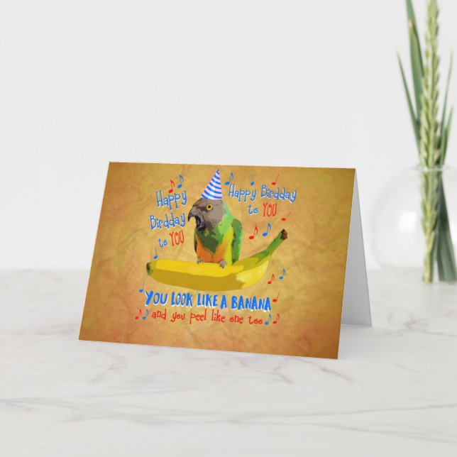 Happy Birdday Senegal Parrot Banana Card (Front)