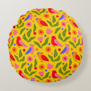 Happy Birds Flock Together Cheerful Round Cushion