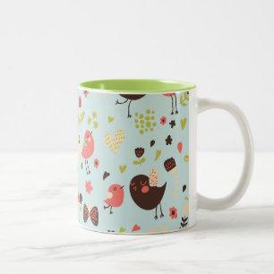 Happy Birds in Fields of Flowers Two-Tone Coffee Mug