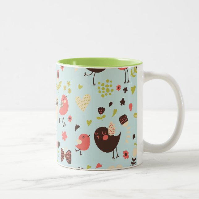 Happy Birds in Fields of Flowers Two-Tone Coffee Mug (Right)