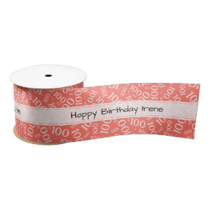 Happy Birthday 100 Number Pattern Coral/White Satin Ribbon