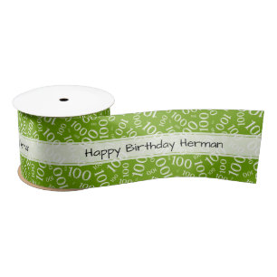 Happy Birthday 100 Number Pattern Green/White Satin Ribbon