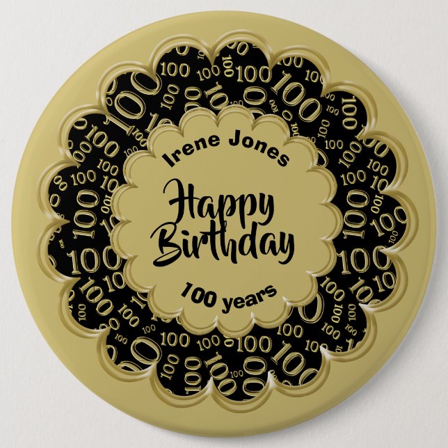 Happy Birthday, 100th Gold/Black Number Pattern 6 Cm Round Badge (Front)