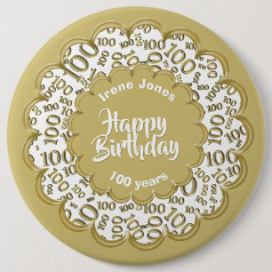 Happy Birthday, 100th Gold/White Number Pattern 6 Cm Round Badge