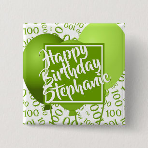 Happy Birthday 100th Number Pattern Green/White 15 Cm Square Badge