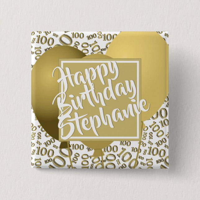 Happy Birthday -  100th Number Pattern White/Gold 15 Cm Square Badge (Front)