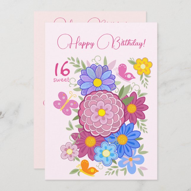 Happy Birthday! 16 Sweet Flowers and Birds Invitation (Front/Back)