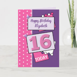 Happy Birthday 16 today purple and pink Card