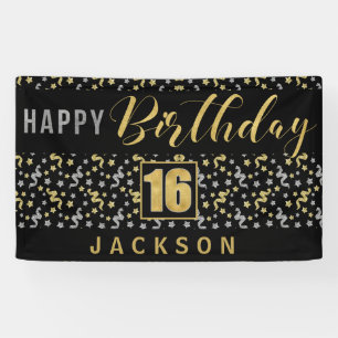 Happy Birthday 16 with Name Black and Gold Banner