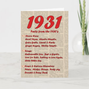 Happy Birthday 1931 Year of Birth 30's 30s thirtie Card
