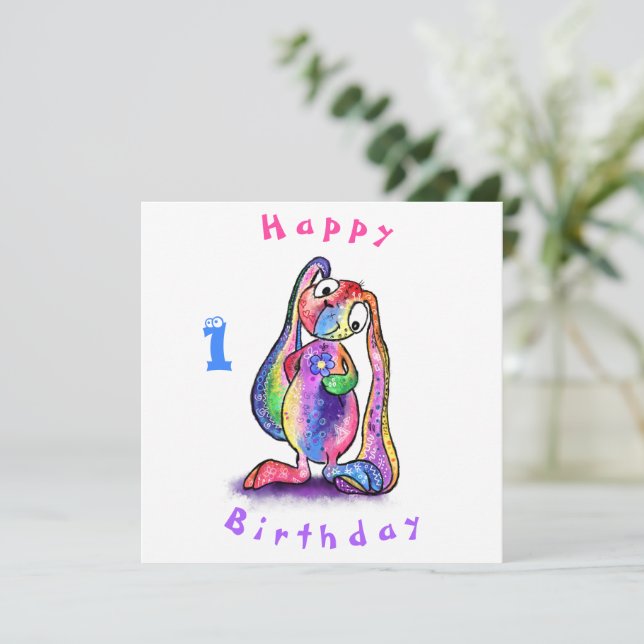 Happy Birthday 1 Card Colourful Bunny with Flower (Standing Front)