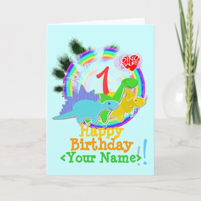 Happy Birthday 1 Year, Your Name Dinos Card (Front)