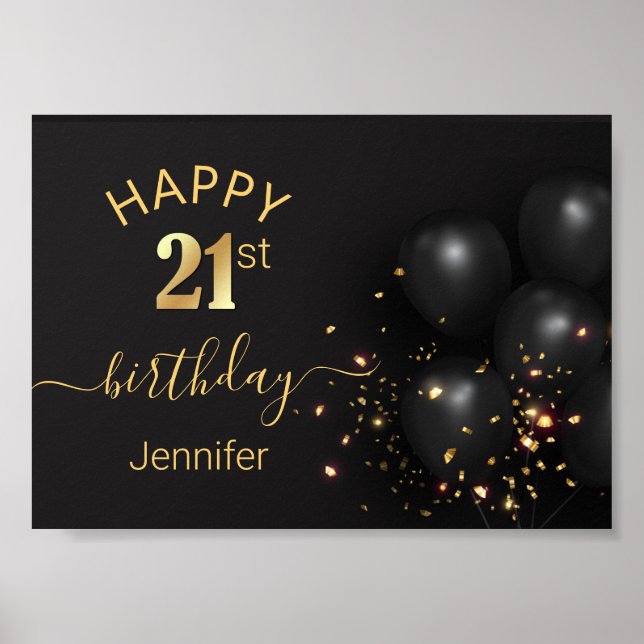 happy birthday 21 golden black balloons confetti  poster (Front)