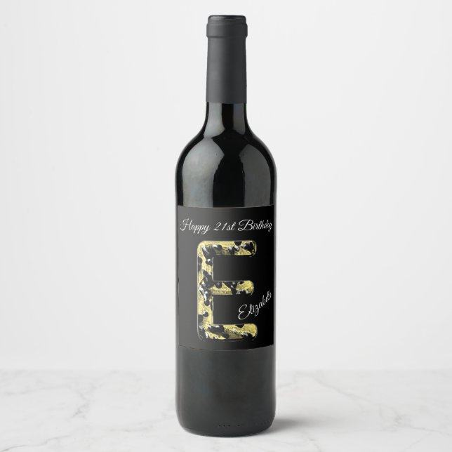 Happy Birthday 21st Elegant Letter E Monogram Wine Label (Front)