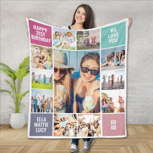 Happy Birthday 21st Photo Collage Fleece Blanket