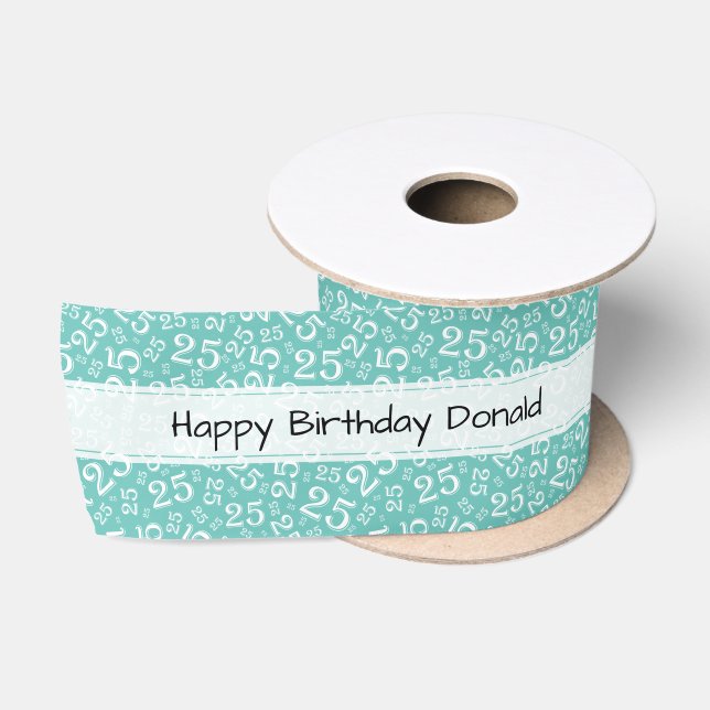 Happy Birthday 25 Teal/White Number Pattern  Satin Ribbon (Spool)