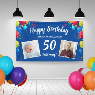 Happy Birthday, 2 Photos, Any Age, Fun Balloons Banner