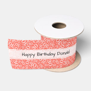 Happy Birthday 30 Coral/White Number Pattern Satin Ribbon