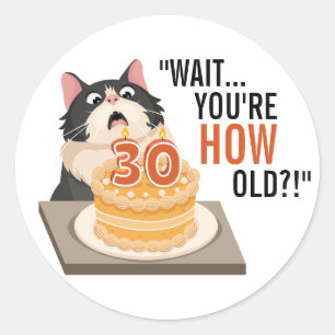 Happy Birthday 30th Black and White Cat Humour Fun Classic Round Sticker