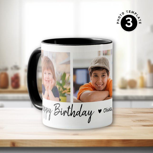 Happy Birthday 3 Photo Collage Black And White Mug (Creator Uploaded)