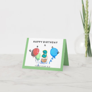 Happy Birthday 3 year old red, blue, green balloon Card
