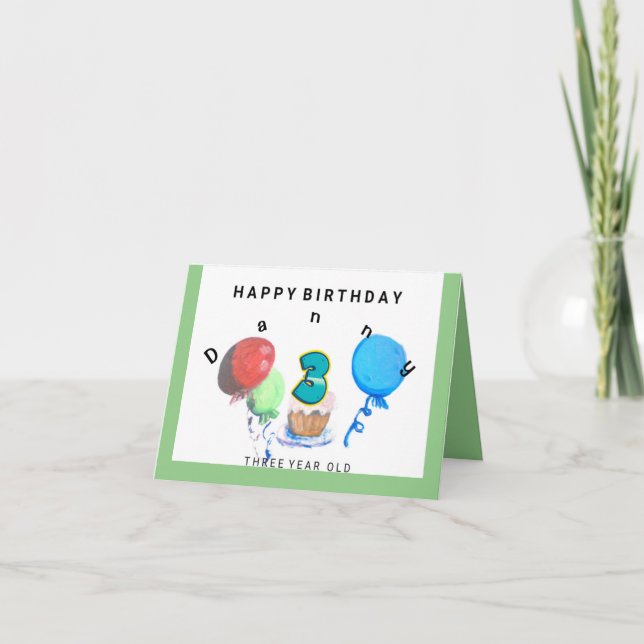 Happy Birthday 3 year old red, blue, green balloon Card (Front)