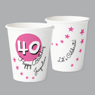 Happy Birthday 40th Pink Custom Name Paper Cups