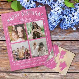 Happy Birthday 4 Photo Collage Best Friend Pink Jigsaw Puzzle