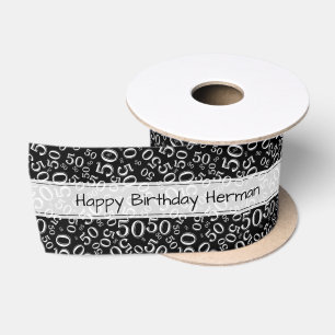 "Happy Birthday" 50 Number Pattern Black and White Satin Ribbon