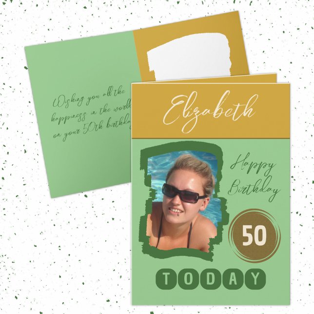 Happy birthday 50 today add photo green gold card (Creator Uploaded)