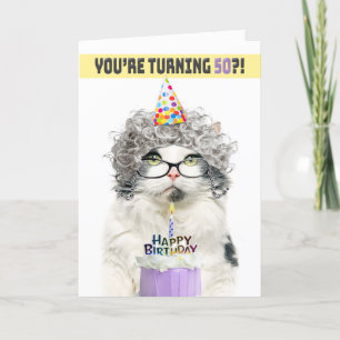 Happy Birthday 50th Funny Old Lady Cat in Hat Holiday Card