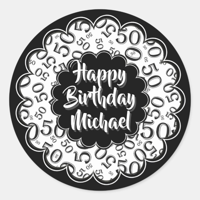 Happy Birthday 50th Number Pattern Black and White Classic Round Sticker (Front)
