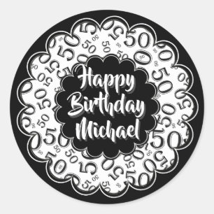 Happy Birthday 50th Number Pattern Black and White Classic Round Sticker