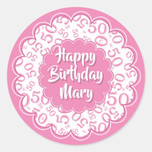 Happy Birthday 50th Number Pattern Pink and White Classic Round Sticker